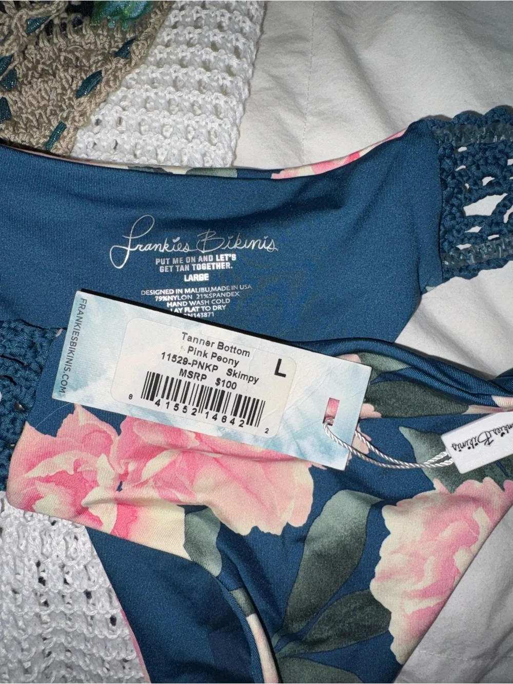 Frankie's Bikinis Navy Floral Crochet-Trim Bikini Bottom with Pink Roses